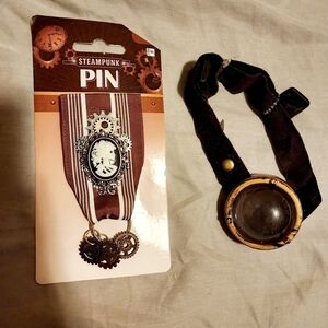 Steampunk Monocle Goggle & Skeleton Cameo Brooch Pin Halloween Costume Cosplay
